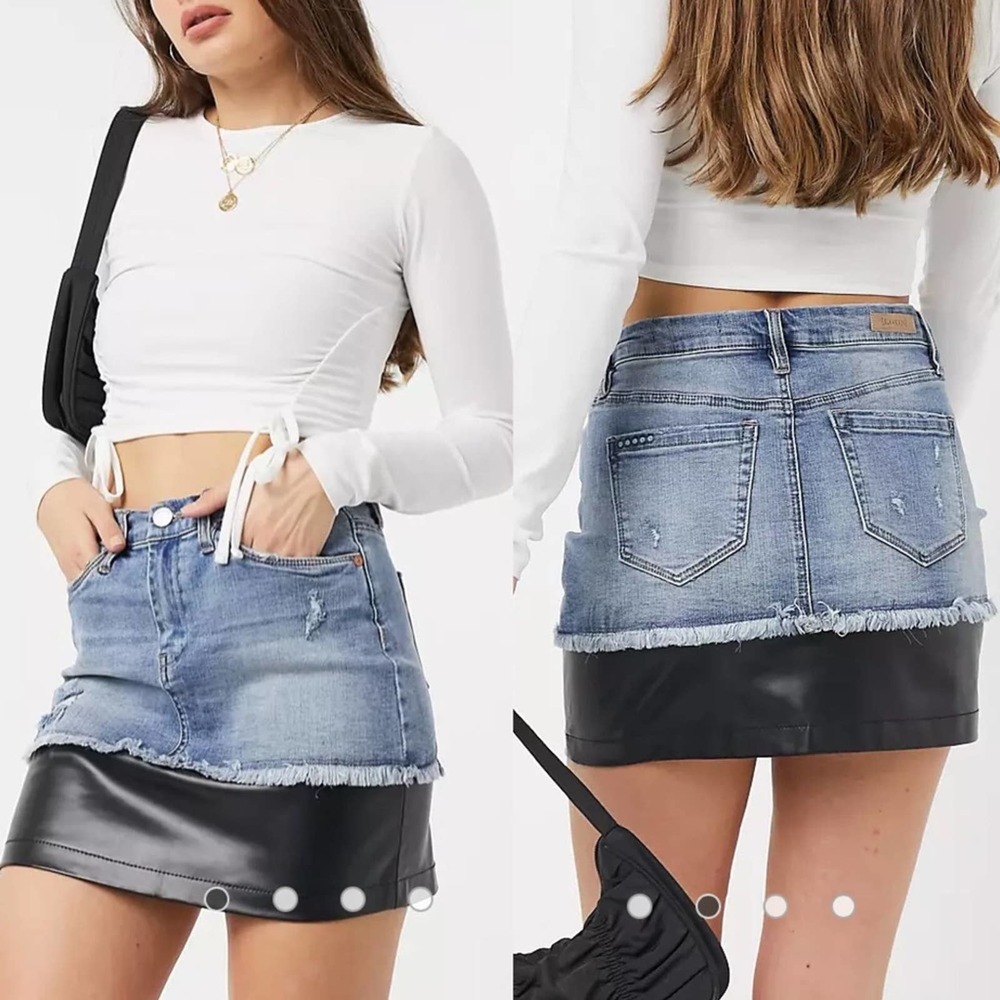 BLANK NYC Distressed Denim and Black Faux Leather Stretchy Mini Skirt Size: 27 - Picture 1 of 12